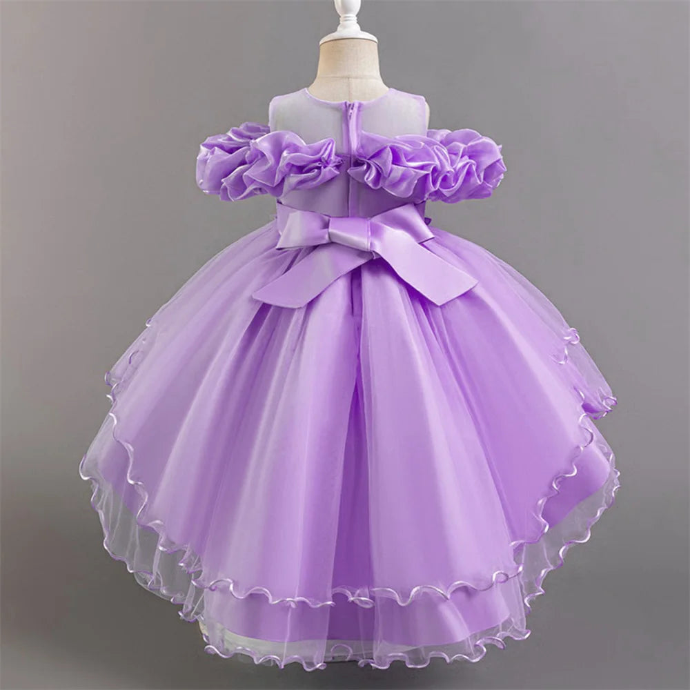 Fashion Pink Flower Girl Party Dresses Wedding Birthday Tulle Princess Dress for Kids Graduation Pageant Bridesmaid Kids Costume