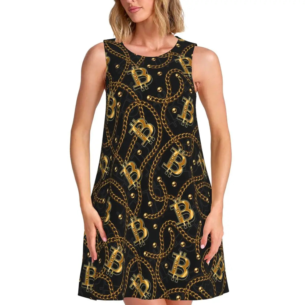 Gold Chains Print Casual Dress Anchor Korean Fashion Dresses Sleeveless Elegant Dress New Arrival Round Neck Lady Print Vestidos