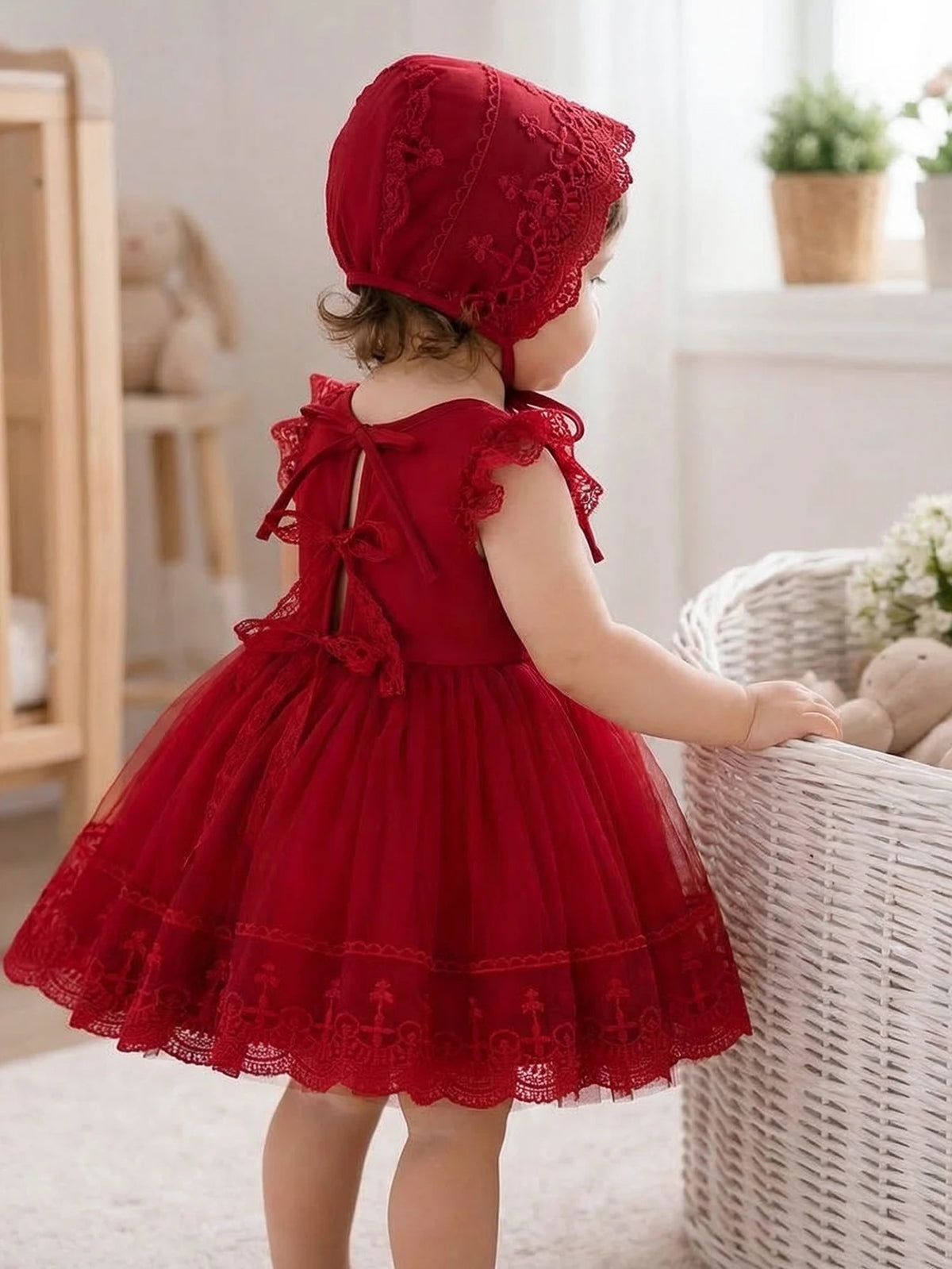 Baby Girl 0-2 Years Old Baby Wine Red Baptism Dress,Lace Net Skirt,Princess Dress,Wedding Flower Girl Dress,Birthday,With Hat