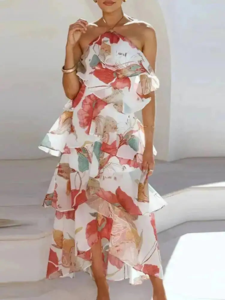 SHENGPALAE Women Maxi Dress Halter Cold Shoulder Chiffon Floral Elegant Party Ruffled Layered Irregular Summer 2026 New 05E02862