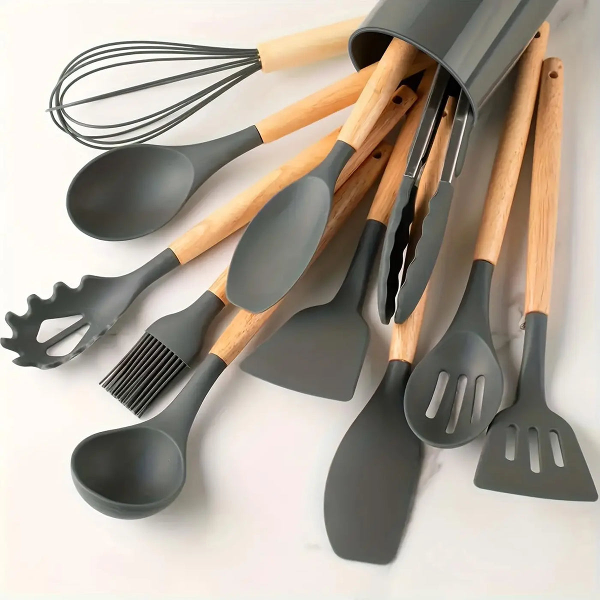 12-Piece Silicone Kitchen Utensil Set with Wooden Handles and Holder