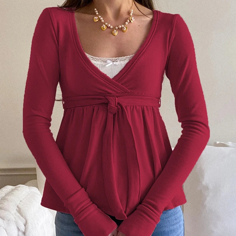 Maemukilabe Women's V-Neck Long Sleeve T-Shirt - Vintage Y2k Style