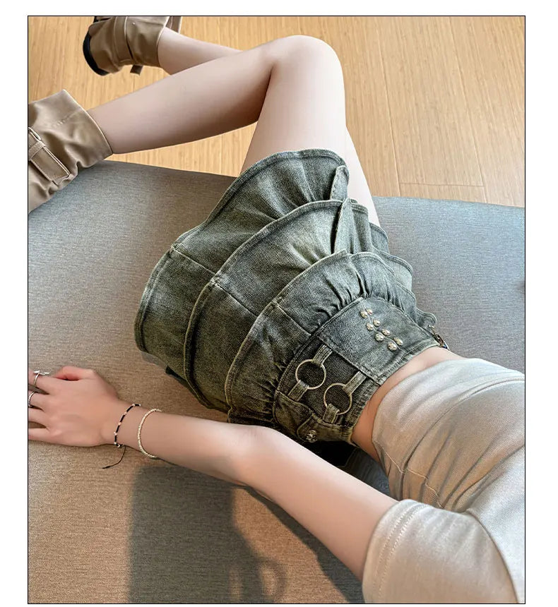 American Style Spicy Girl Design Elastic Denim Cake Short Skirt Women's Summer Pure Desire High Waist Slimming Pleated  S...