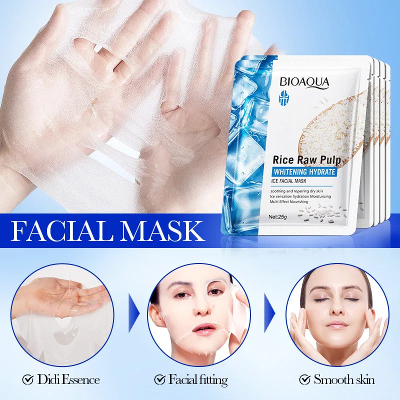5pcs BIOAQUA Rice Raw Pulp Face Mask Hydrating Brightening Nourishing Moisturizing Ice Facial Masks Skin Care