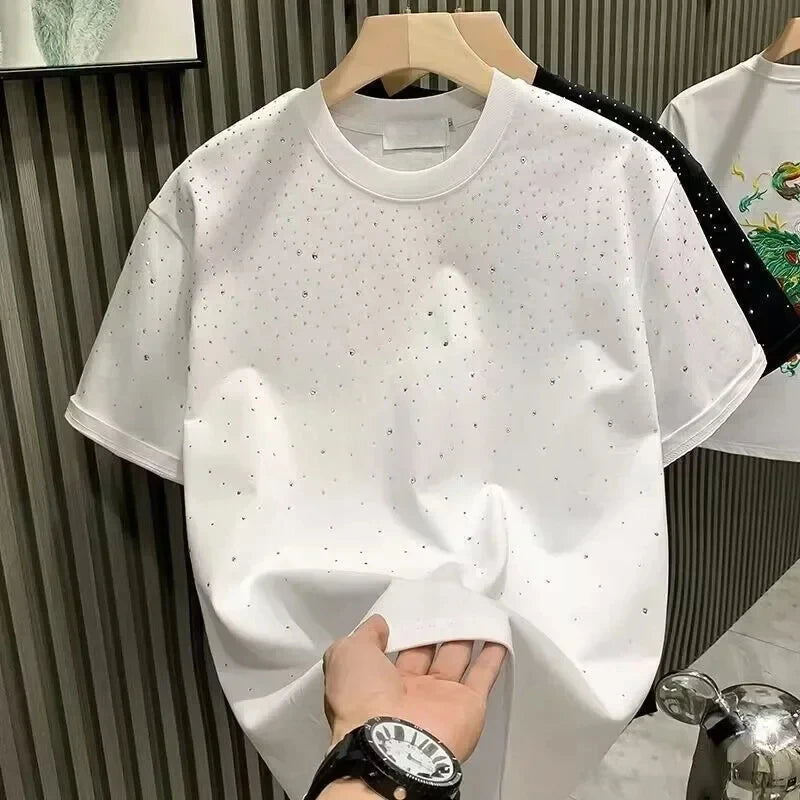 Summer Men Clothing Summer Rhinestone Rivet T-Shirt Round Neck Casual T-Shirt Korean Version Men'S Short Sleeves Tee
