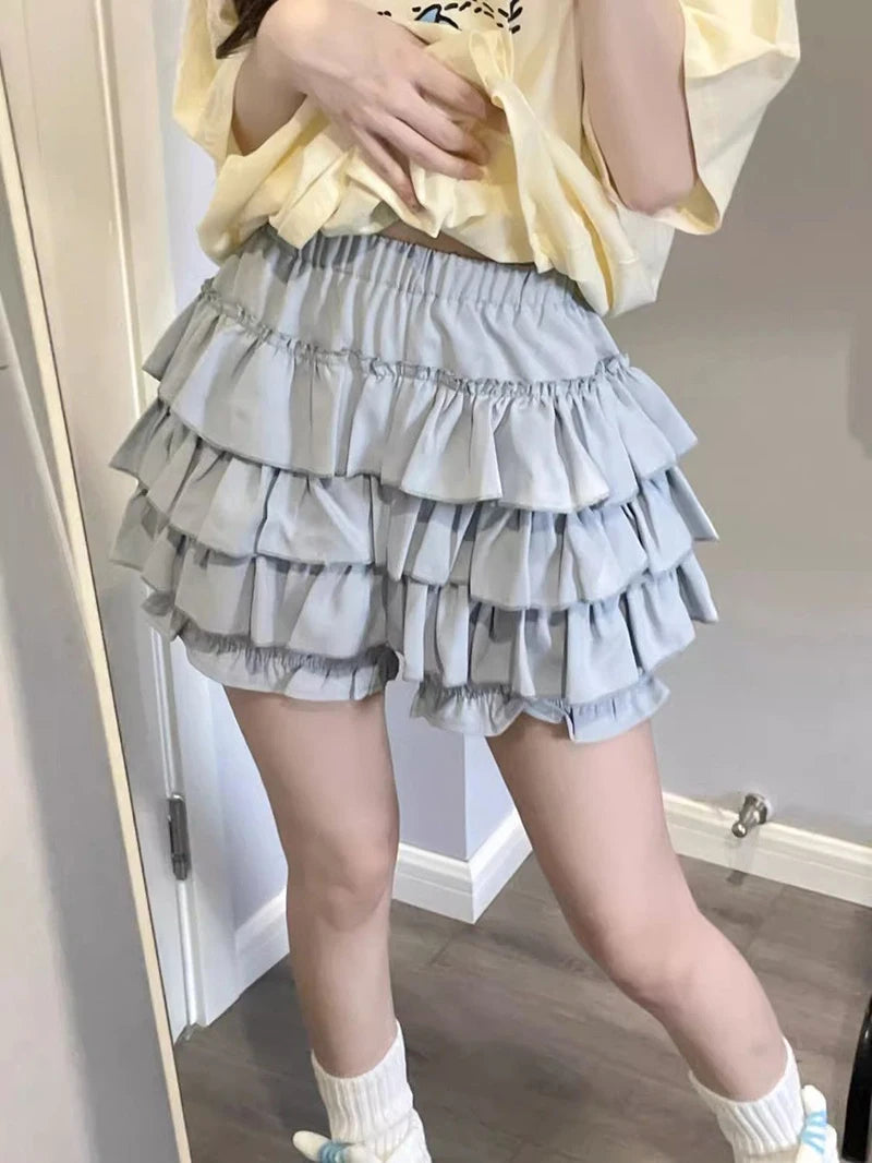 Pastel Tiered Ruffle Mini Skirt with Built-in Bloomer Shorts Layered Frill Skort Women Soft-Girl Kawaii Lolita Jirai Kei Sukapan