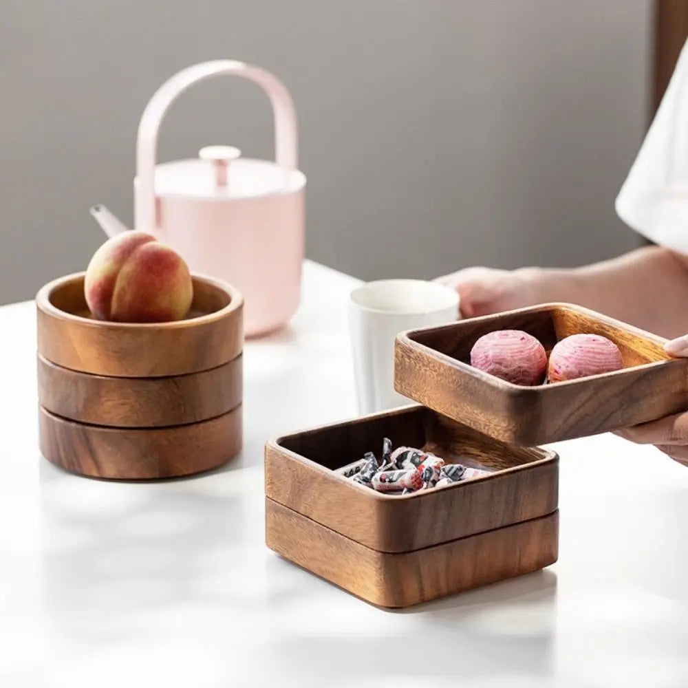 Japanese Style Wooden Fruit and Snack Tray - Round/Square Stackable