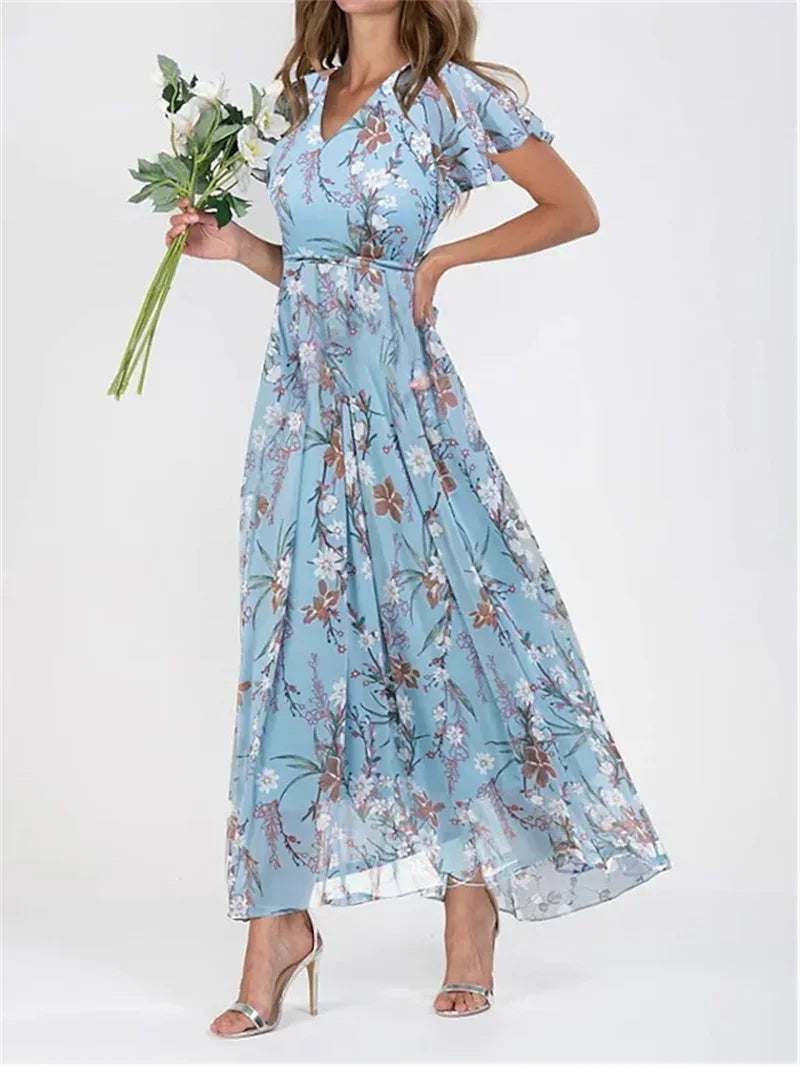 Female New Casual Gown Women Elegant Ruffle Short Sleeve V Neck Pullover Dresses Sweet Style Small Flower Print High Waist Dress
