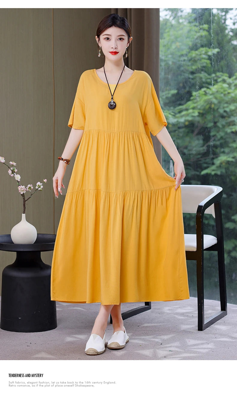 New Fashion 2023 Causal Summer Dresses For Women Loose Solid Long O-neck Dress Vintage Short Sleeve Womens Clothing