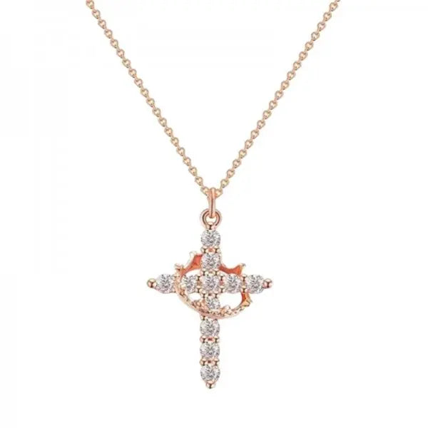 Rotatable Crown Cross Pendant Necklace For Women'S Shiny Rhinestone Stainless Steel Cross Choker Christian Prayer Jewelry