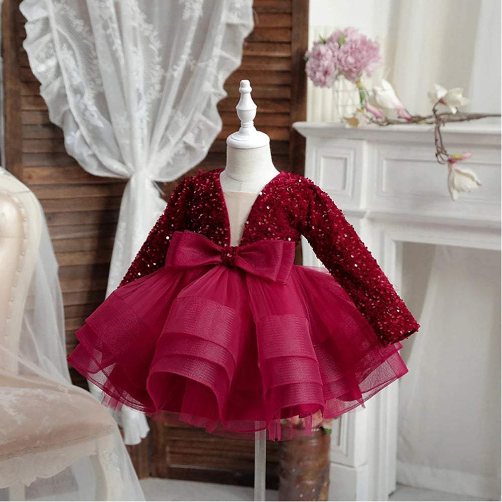 HETISO Girls Party Dresses Long Sleeve V-Neck Kid's Children Elegant Dress for Girl Sequined Tutu Wedding Ball Gowns 4 6 8 10Y