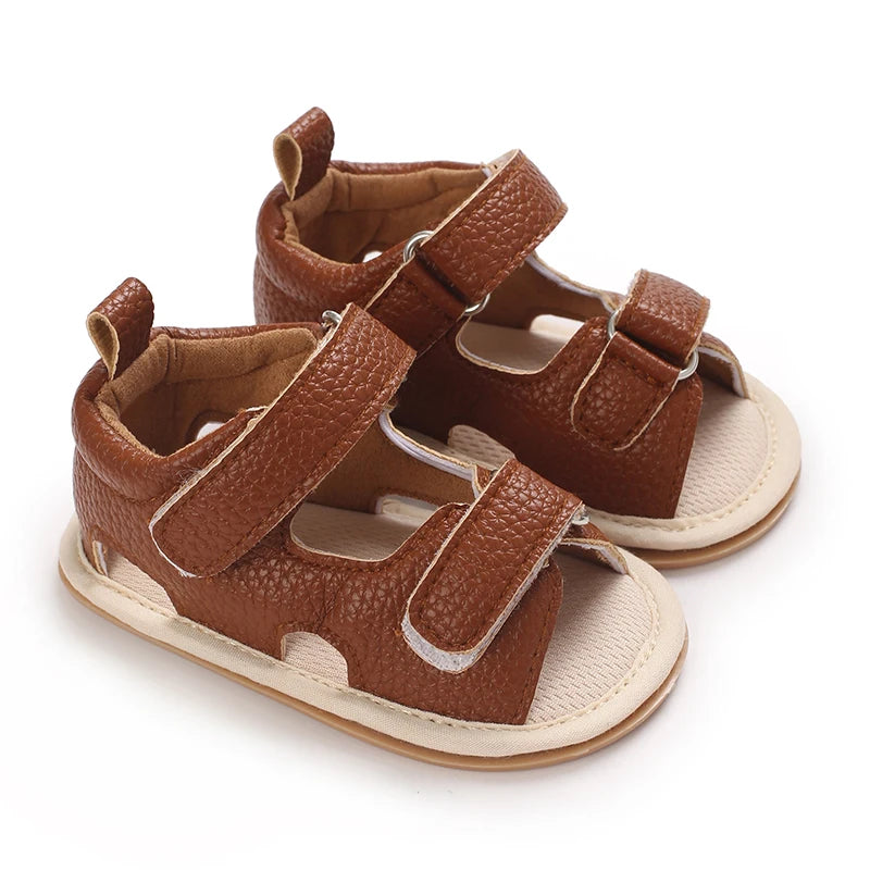 Baby Girls' Brown Leather Sandals - Soft Rubber Sole, 0-18 Months