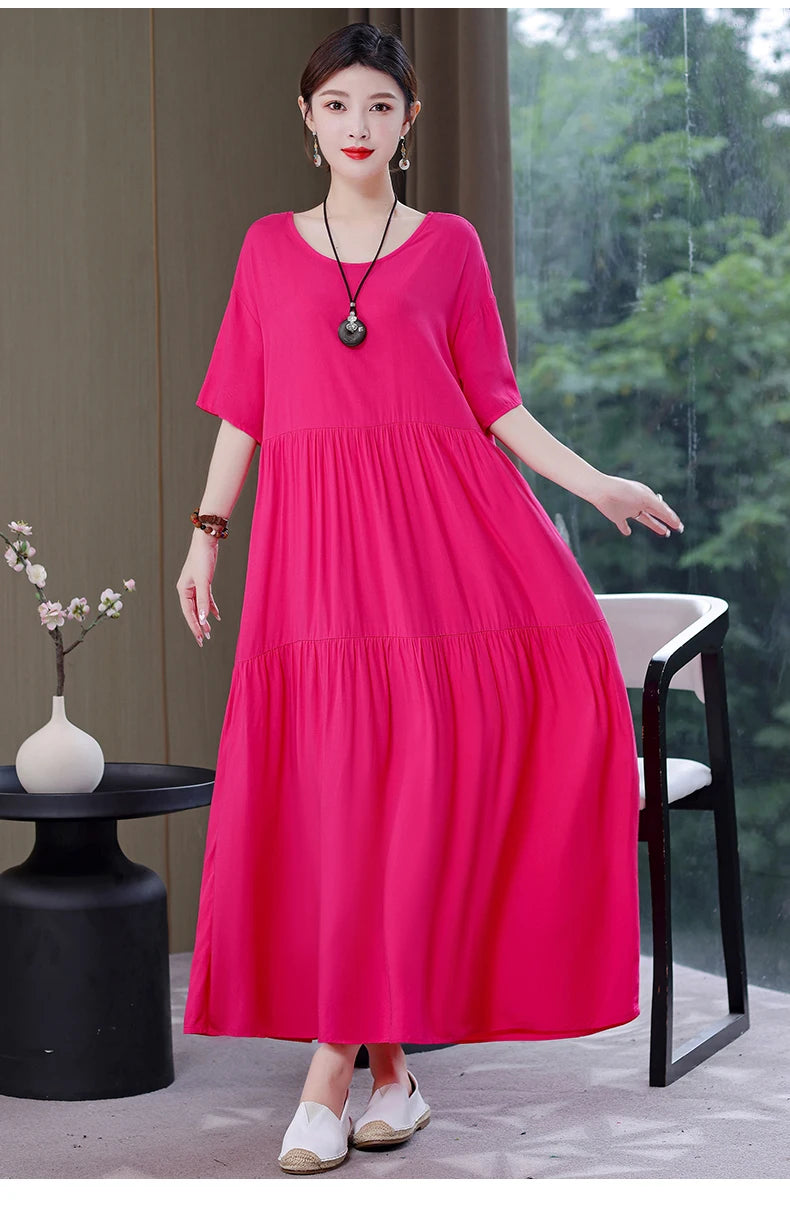 New Fashion 2023 Causal Summer Dresses For Women Loose Solid Long O-neck Dress Vintage Short Sleeve Womens Clothing