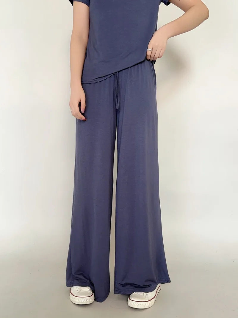 Plus size L to 6XL U-Neck Women's wide leg pants high waist Loose Long pant solid color Casual drapped trousers all match