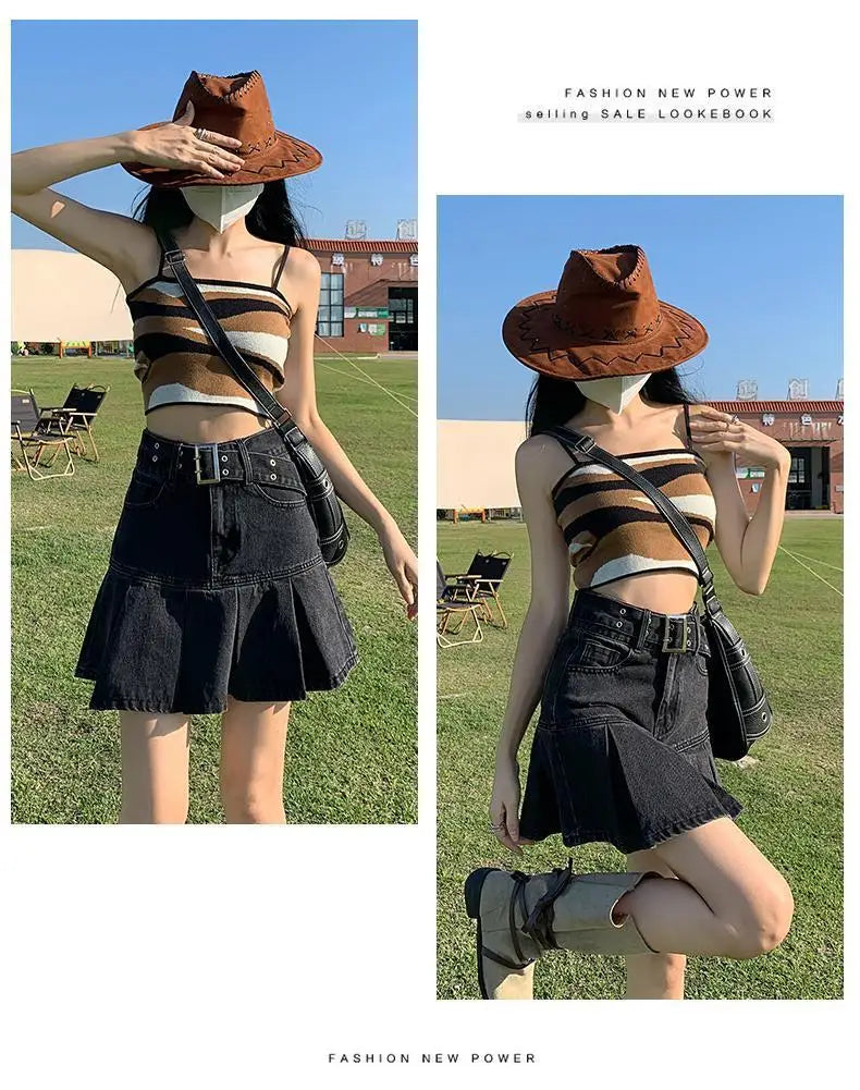 Retro American Blue Hot Girl Pleated Denim  Skirt Women's Summer New Pure Desire A-Line High Waist Short Skirt