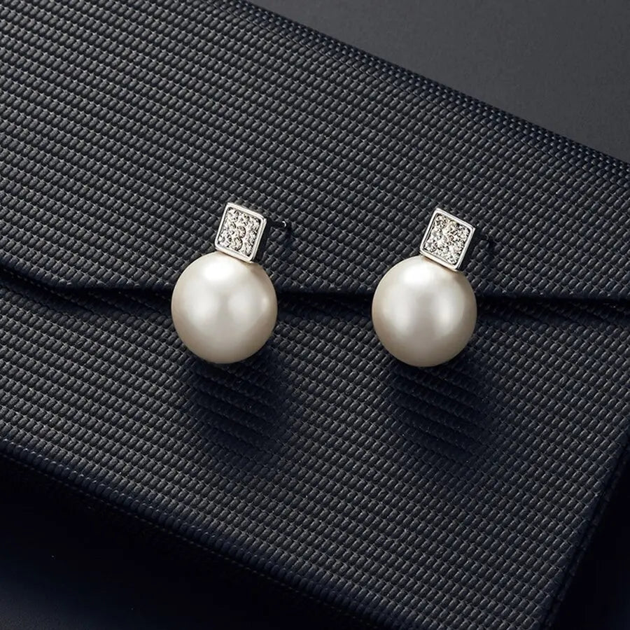 2 Pcs Imitation Pearl Pendant Women'S Necklace Earring Stud Set Silver Color Snake Chain Square Metal Full Crystal Jewelry Set