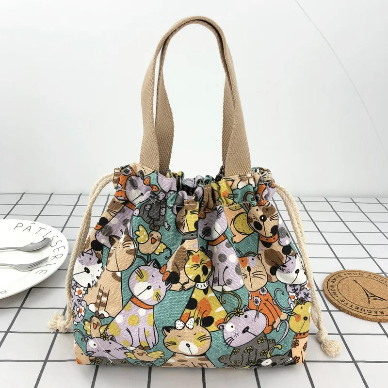 Bolsa de almuerzo de lona con cordón con diseño de anime de dibujos animados japonesa, bolsa plegable para dos fiambreras