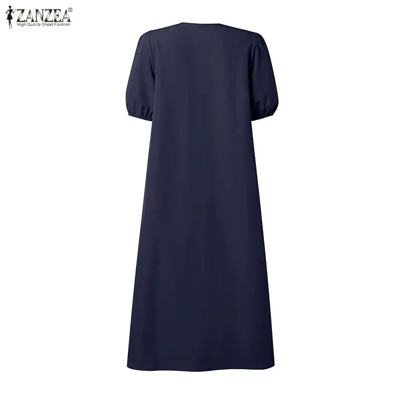 ZANZEA Summer Maxi Dress WomenV Neck Puff Sleeve Button Down Dress Casual Loose Solid Color Ruffle Hem Vacation Sundress Robe