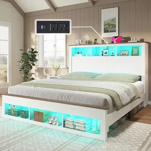 3-piece Farmhouse Bedroom Furniture Set, Includes 1 King LED Platform Bed Frame with Bookcase Storage Headboard