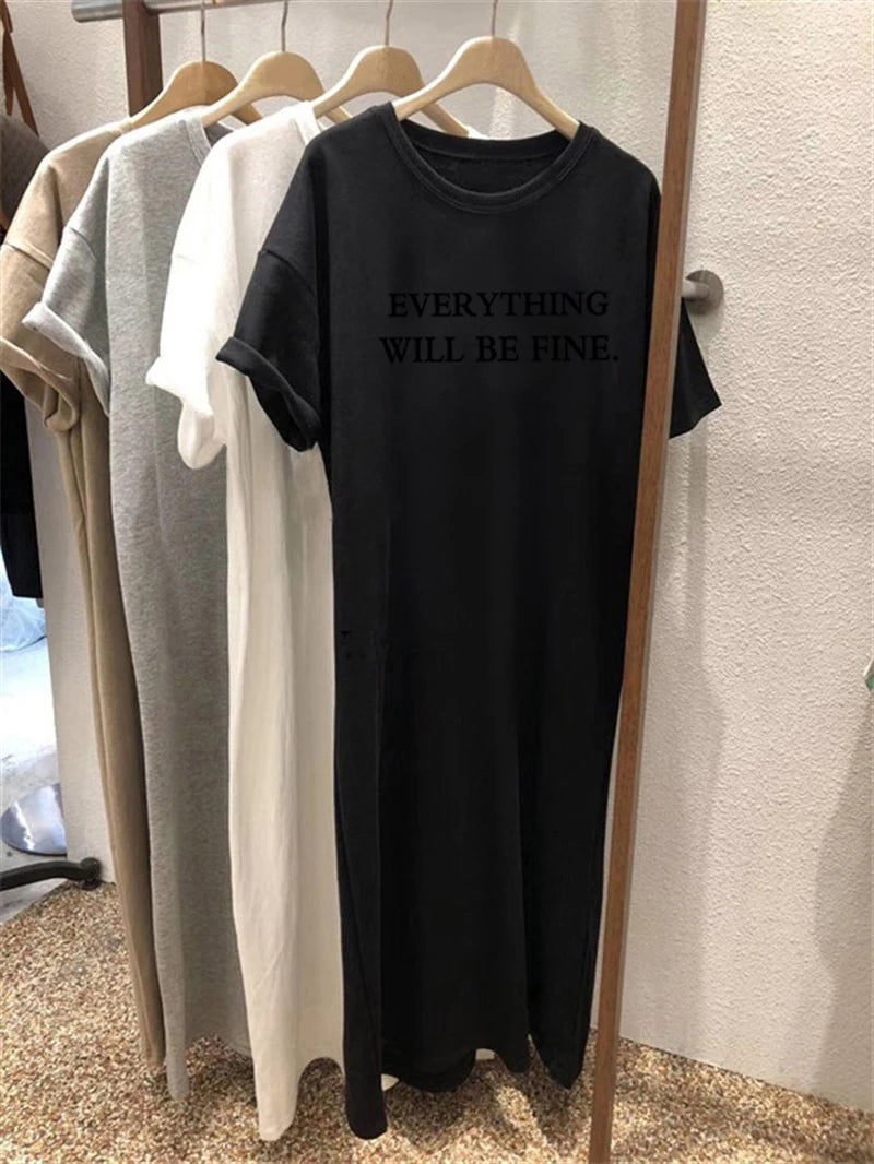Summer Thin Plus Size Loose Short Sleeved Dress Women 2025 New Letter Printed Simple Round Neck Dress