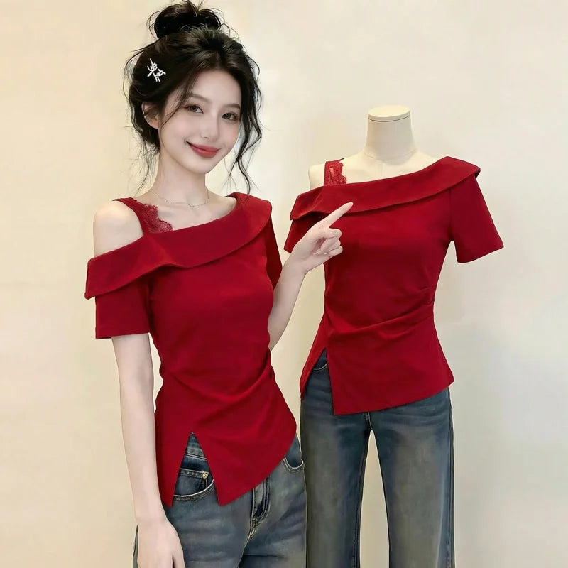 Red Asymmetrical Single Shoulder Short Sleeve T-Shirt Women's Summer New Style plus Size Fashionable Youthful Korean Version