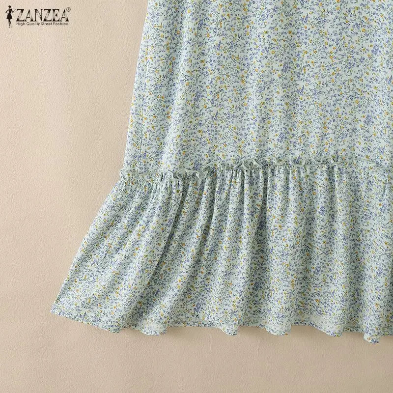 ZANZEA Women's Floral Printed Midi Dress Square Neck Half Puff Sleeve A-Line Dresses Summer Pullover Ruffled Hem Robes Femme