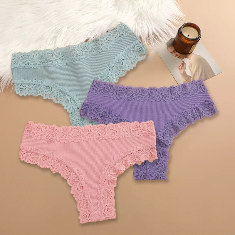Women Cotton Panties Set 3 Pieces Floral Lace Patchwork Briefs Breathable Soft Underwear Size S XL