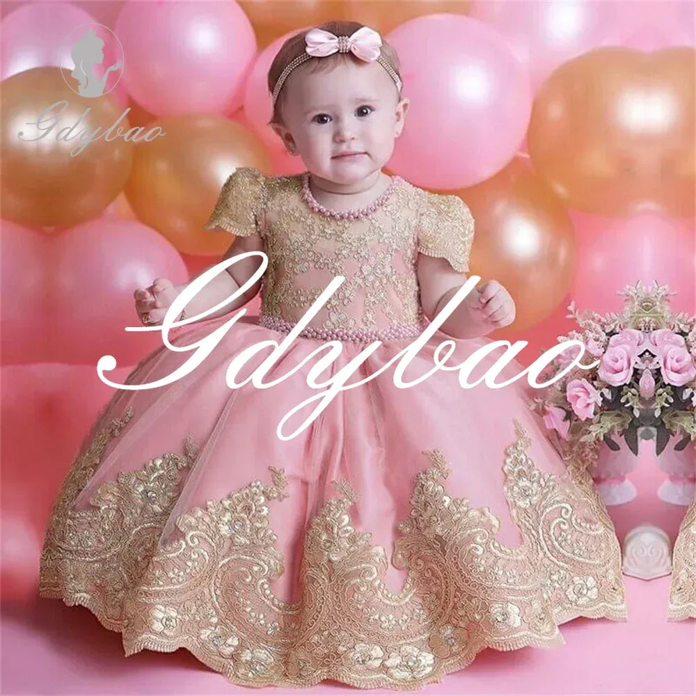 Beading Luxury Short Sleeve Lace Appliques A Line Formal Communion Girl Dress Bow Floor Length Princess Flower Girl Gown New