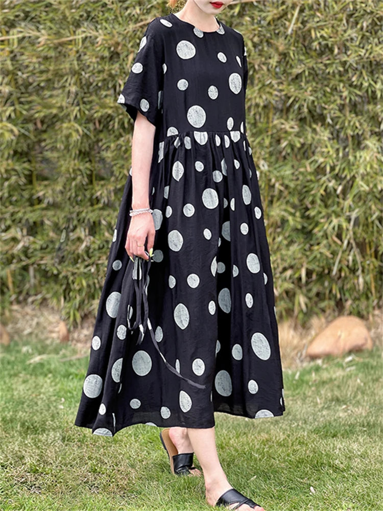 Summer Cotton Vintage Casual Loose Black Dresses For Women Short Sleeve Polka Dot Dress Femme Robe Vestidos Elegant Long Clothes