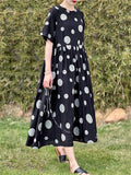 Summer Cotton Vintage Casual Loose Black Dresses For Women Short Sleeve Polka Dot Dress Femme Robe Vestidos Elegant Long Clothes