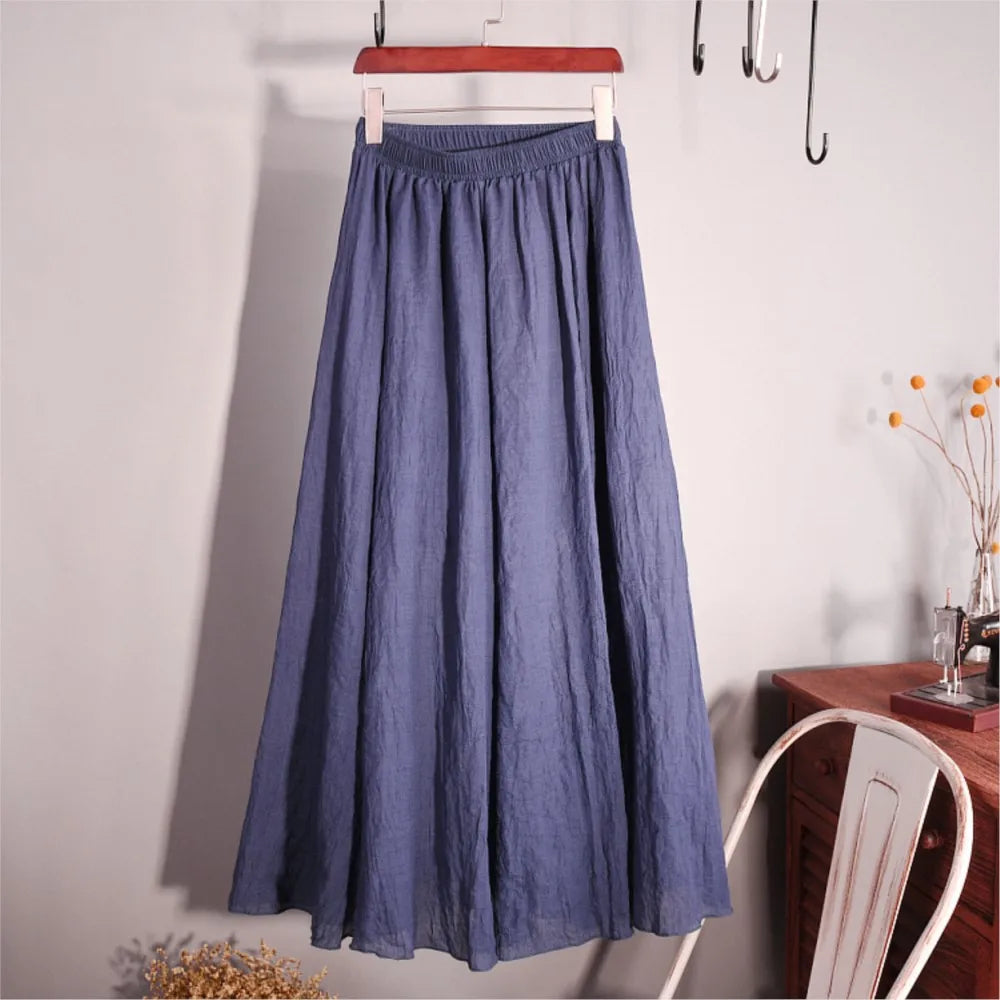 2025 Summer Women All-match Long Skirt Mid-calf Casual Linen Elastic Waistband One Size Expansion Hemline Lined Female Skirts