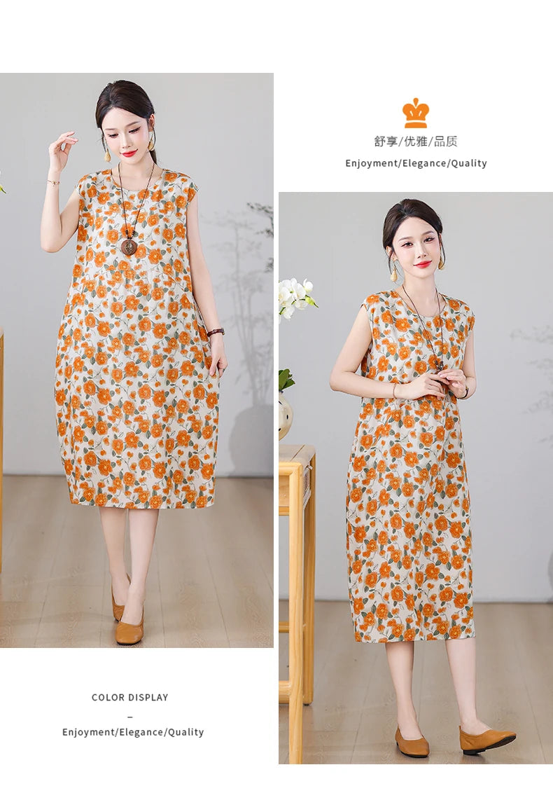 New Fashion Vintage Floral Print  Sleeveless Casual Party Femme Summer Dresses For Women 2025 O-neck Straight Women Clothing