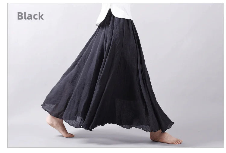 New In 2026 Spring Summer Woman Cotton Linen Midi Skirt Solid Color Loose Flared Pleated A-line Skirt Female Sweet Elegant Skirt