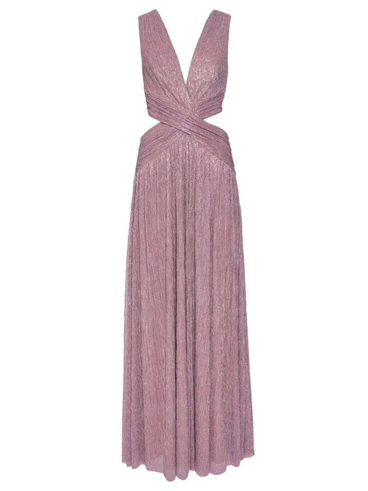 Lady Trendy Backless Sleeveless Banquet Dress Temperament High Waist Women's Pleated Dress Elegant Hollow Out V-neck Party Dress