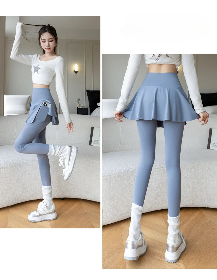 Women Fake Two Pieces Leggings Seamless Fitness Leggings High Waist with Pocket Elastic Slim Fashion Hip Liftting Yoga Pants