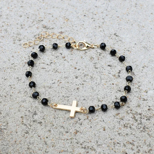 Cross Bracelet For Women Adjustable Black Beaded Chain Christian Jewelry Gift Set