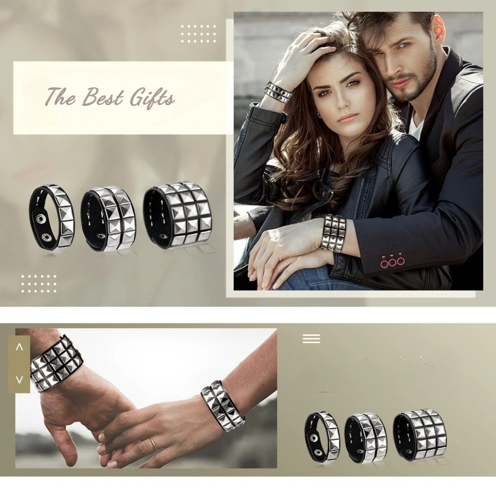 Fashion Punk Single Row Stereoscopic Square Personality Rivet Cortex Couple Bracelets for Men Women Hip-hop Rock Bangles Jewelry