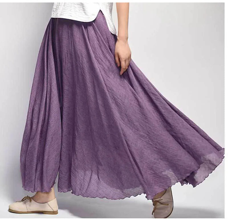 Women's Elegant High Waist Linen Maxi Skirt 2026 Summer Ladies Casual Elastic Waist 2 Layers Skirts Saia Feminina 20 Colors SK53