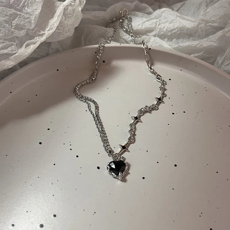 Harajuku Punk Love Heart Rhinestones Gothic Titanium Steel Necklace For Women'S New Cool Girl Jewelry Gifts For Friend