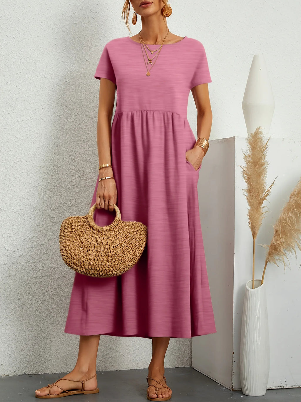 Casual Long Ice Silk round Neck Short Sleeve Dress Pure Color A-Line Skirt Comfortable Elastic Waist Elegant Commute Style
