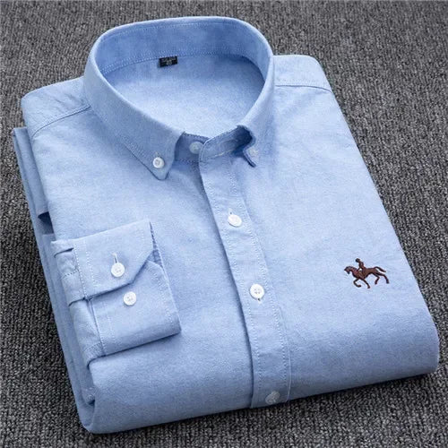Premium Pure Cotton Oxford Shirt For Men Long Sleeve With Embroidered Horse Design Regular Fit White Dress Shirt