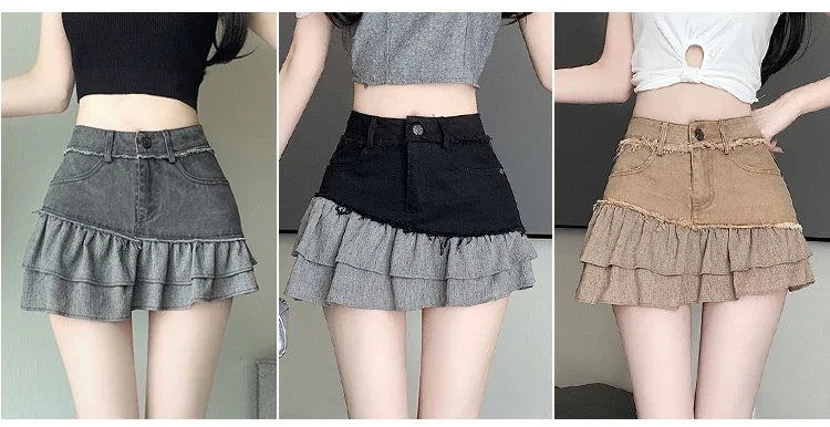 Fashion 2025 New Denim Patchwork Ruffle Denim Skirts Women Summer Retro High Waist Slim Skirts Woman