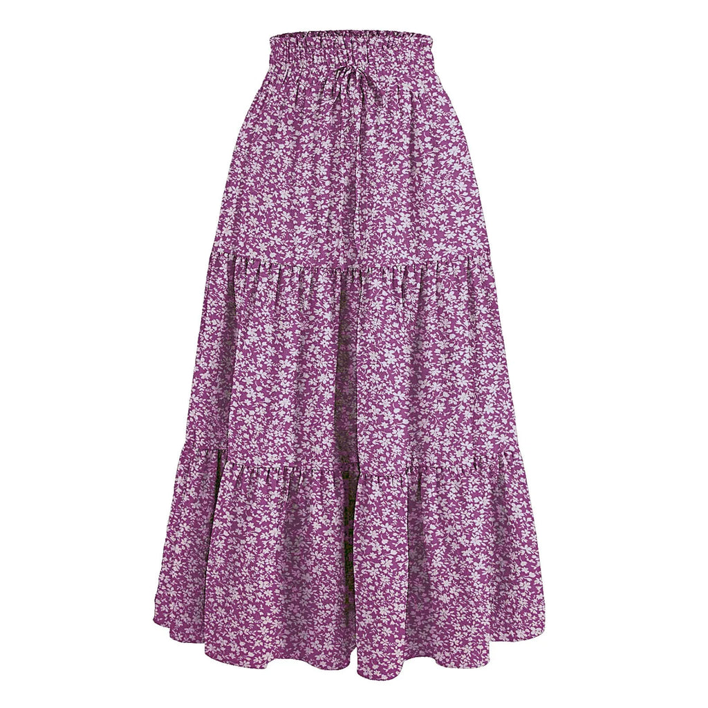 Women's Boho Floral Print Skirt Vintage High Waist Maxi Skirts Summer Casual Loose Beach Skirt Elegant Ladies Flowy Ruffle Skirt