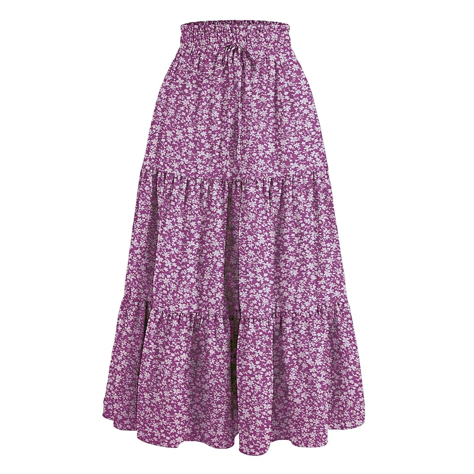 Women's Boho Floral Print Skirt Vintage High Waist Maxi Skirts Summer Casual Loose Beach Skirt Elegant Ladies Flowy Ruffle Skirt