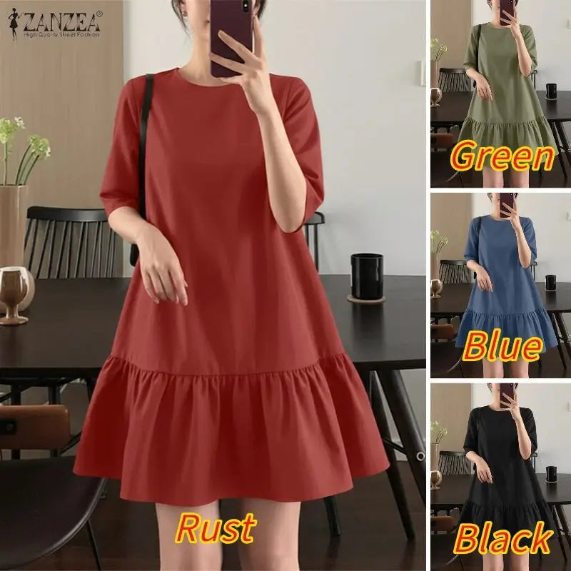 ZANZEA Women's Casual Ruffled Hem Dress O-Neck Half Sleeve A-Line Dress 2026 Summer Daily Solid Color Loose Robes Femme