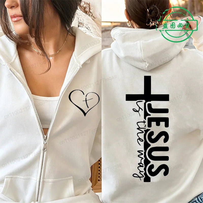 Autumn Fleece Zip Up Hoodie Jesus Print Hooded Sportwear Korean Fashion Sweatshirts Long Sleeve Top Pockets Loose Zip Hoodies