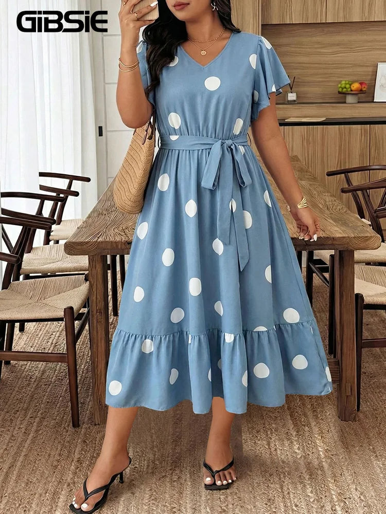 GIBSIE Plus Size Polka Dot V-Neck Belted Ruffle Hem Dress Women Casual Vacation Flounce Sleeve Big Swing Summer Long Dresses