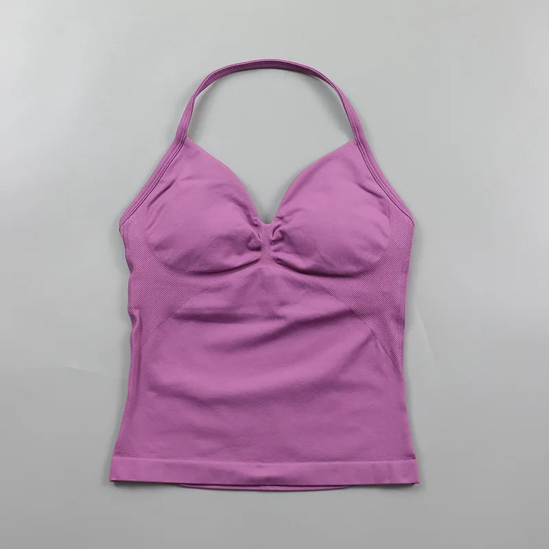 No Logo Longline Strappy Top Women Seamless Yoga Tank Top Ruched Backless Gym Clothes Workout Sleeveless Shirt With Built In Bra