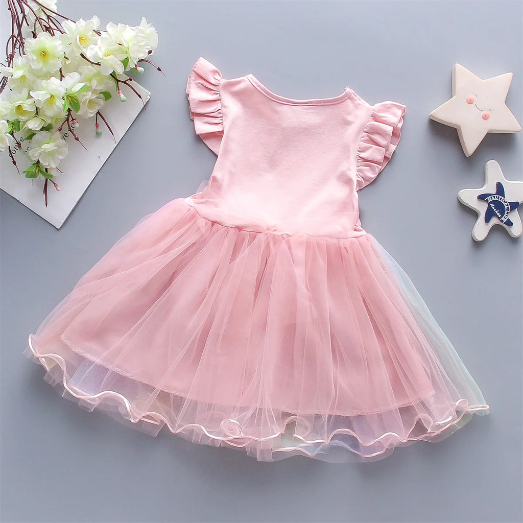 A Cute Girl'S Dress From 0 To 3 Years Old In Summer Sleeveless Love Trojan Horse Print Patchwork Rainbow Mesh Daily Casual Dress