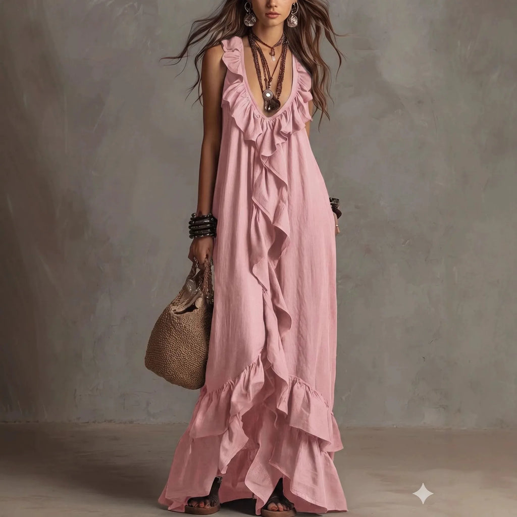 Summer Woman Dress Sleeveless Ruffle Neck Dresses Women's Pleated Maxi Dress V Neck Asymmetrical Hem Boho Dress Layered Ruffles